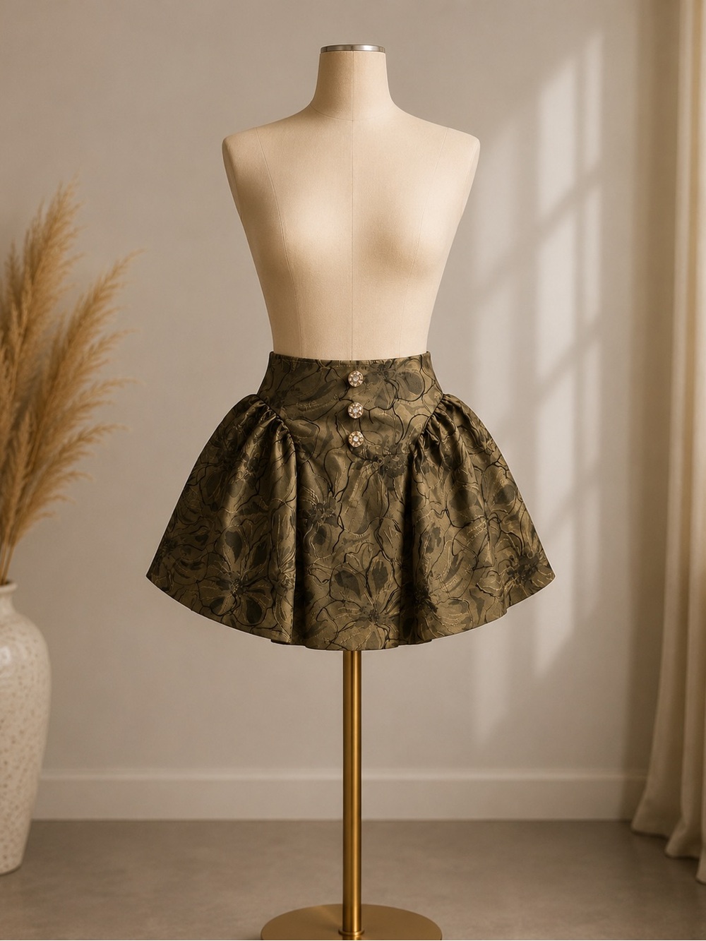Olive Brocade High-Waist Mini Skirt with Decorative Buttons